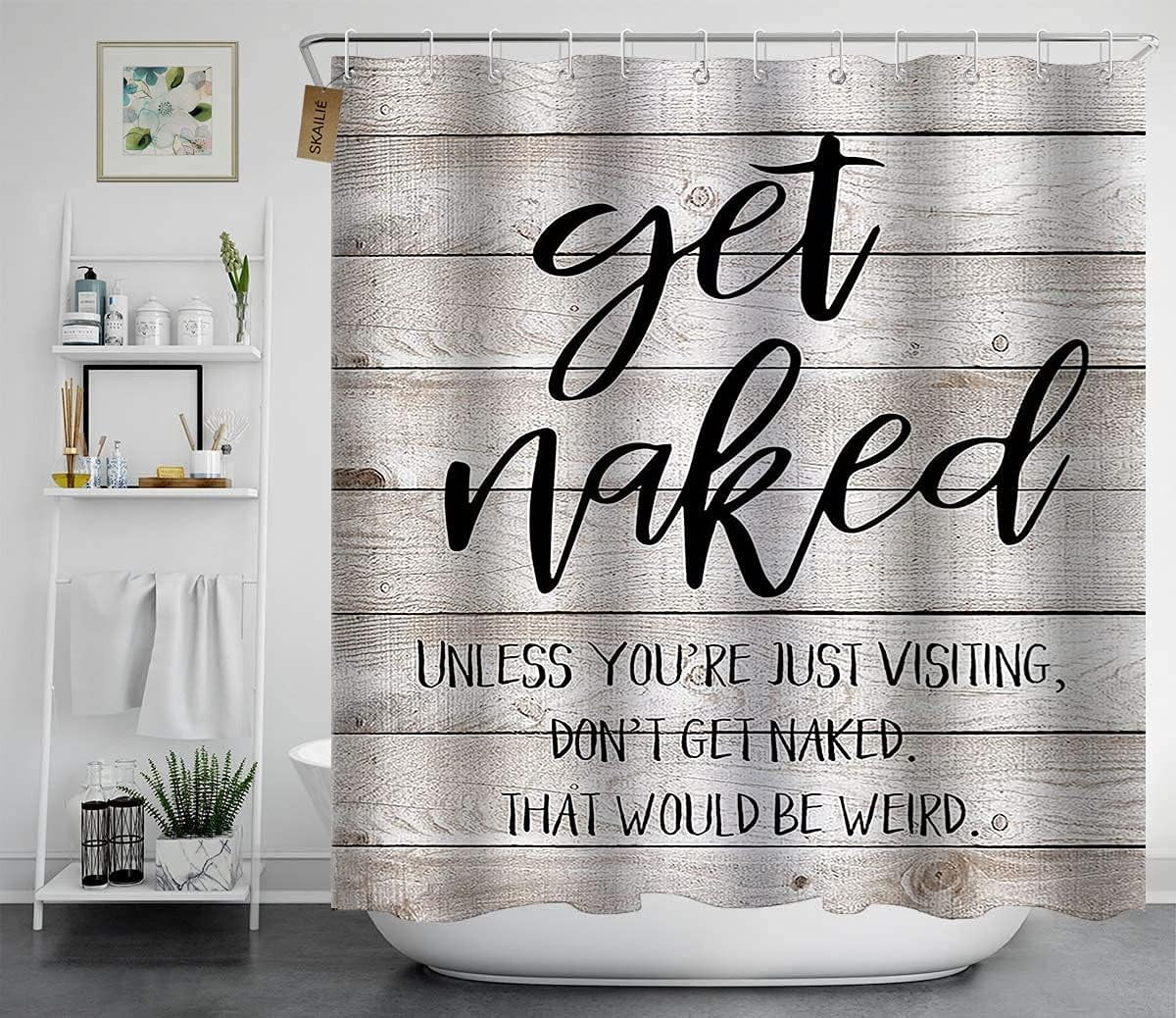 4PCS Get Naked Shower Curtain Set, Funny Quotes Black Letters Barnwood Country Rustic Farmhouse Bathroom Decor, Waterproof Fabric Shower Curtain, Non-Slip Bath Mat Toilet Rug, Don't Get Naked