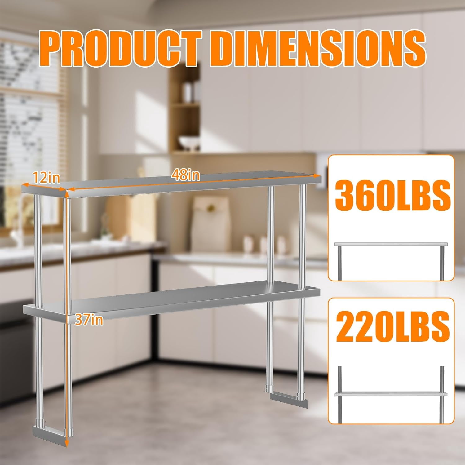 Stainless Steel Double Overshelf, Commercial 2-Tier Adjustable Shelves, Double Deck Overshelf for Prep & Work Table In Restaurant, Kitchen and Home, 12" x 48"