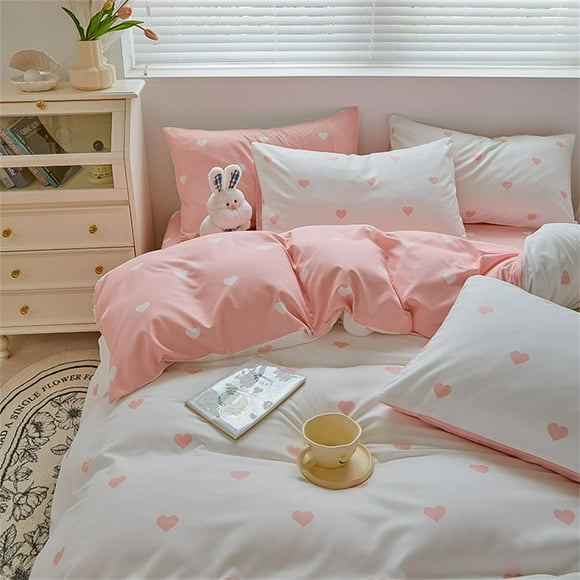 Pink Heart Duvet Cover Set Queen Teen Girls Pink White Reversible Bedding Set Cute Lovely 3 Pieces Comforter Cover for Kids Adults with Zipper Ties