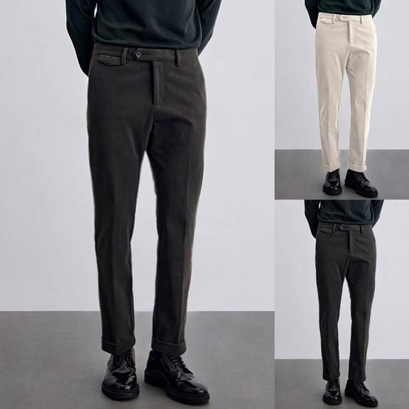 RYDCOT Men's Corduroy Pants Slim Casual Straight Pants Mens Vintage Comfort Flat Front Classic Pants with Pocket Black