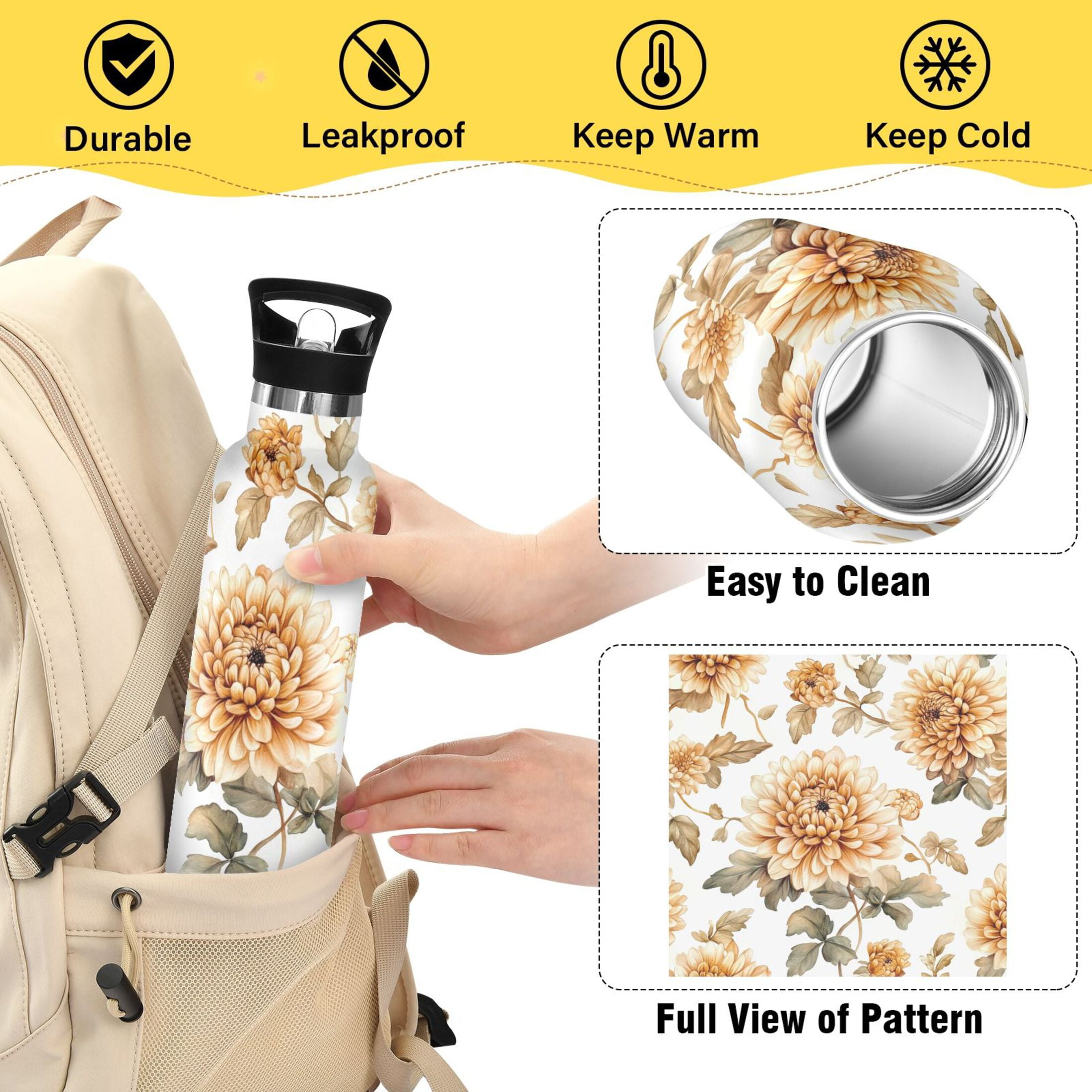 600ML Stainless Steel Insulated Cup Sports Water Bottle Portable Thermos Cup Water Glasses Insulated Tumblers Convenient and Durable Maroon Chrysanthemums