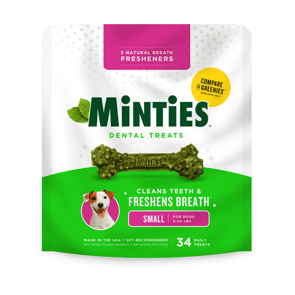 Minties Dental Chews for Dogs, Vet-Recommended Mint-Flavored Dental Dog Treats for Small Dogs, Bones Clean Teeth, Fight Bad Breath, and Removes Plaque and Tartar, 14 oz