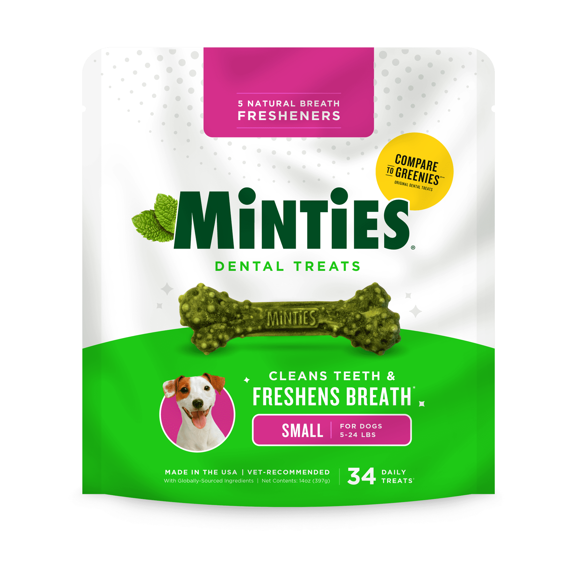 Minties Dental Chews for Dogs, Vet-Recommended Mint-Flavored Dental Dog Treats for Small Dogs, Bones Clean Teeth, Fight Bad Breath, and Removes Plaque and Tartar, 14 oz