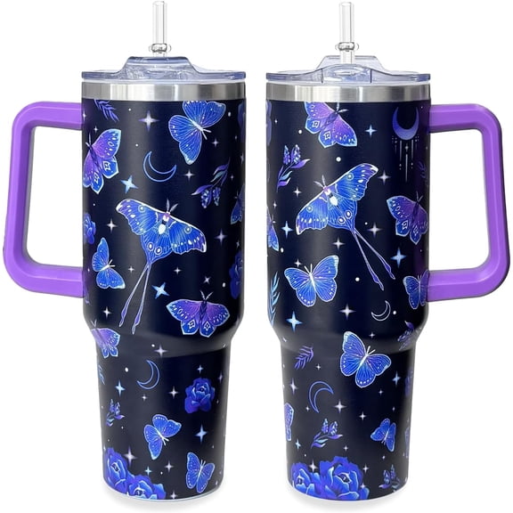 40 oz Butterfly Tumbler With Handle Lid and Straw,Purple Butterfly Print Stainless Steel Insulated Tumblers Gifts for Women Girls Travel Mug Coffee Cup