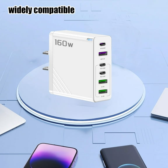 160W 6-Port Fast Charger with PD25W & QC3.0, Multi USB Charging Station for Phone Tablet Laptop, Compact 150W Max Per Port, PC ABS Fireproof, US Plug, Travel & Home Use