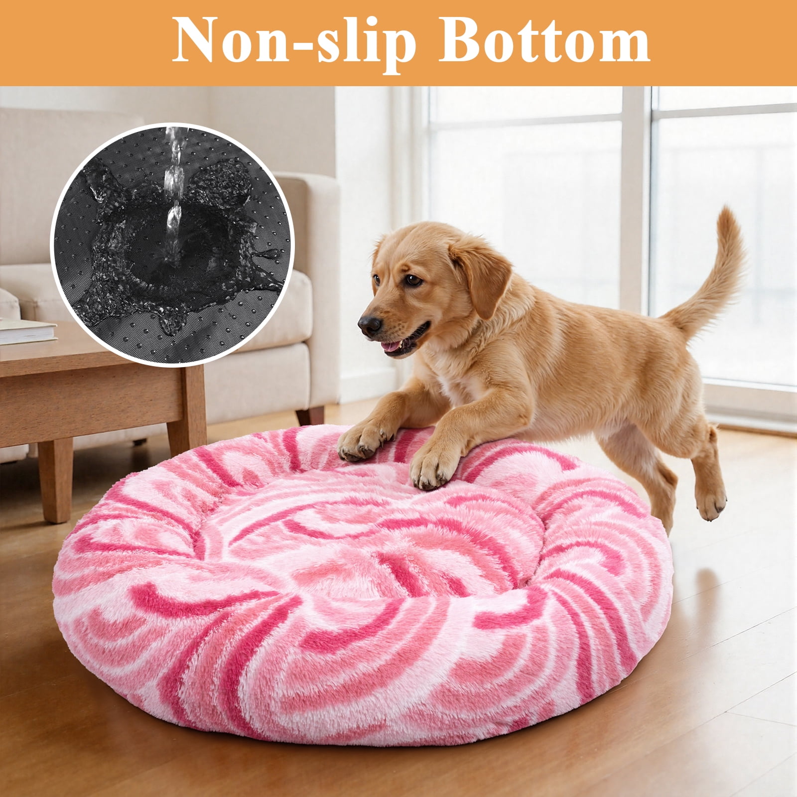 Vaukki 30"Dog Bed with Non Slip Bottom,Soft Warm Faux Fur Pet Bed,Comfortable Donut Round Plush Dog and Cats Beds,Pink