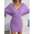 thumbnail image 4 of Women'S Cocktail Batwing Long Sleeve Wrap Knit Sweater Mini Dress, 4 of 9