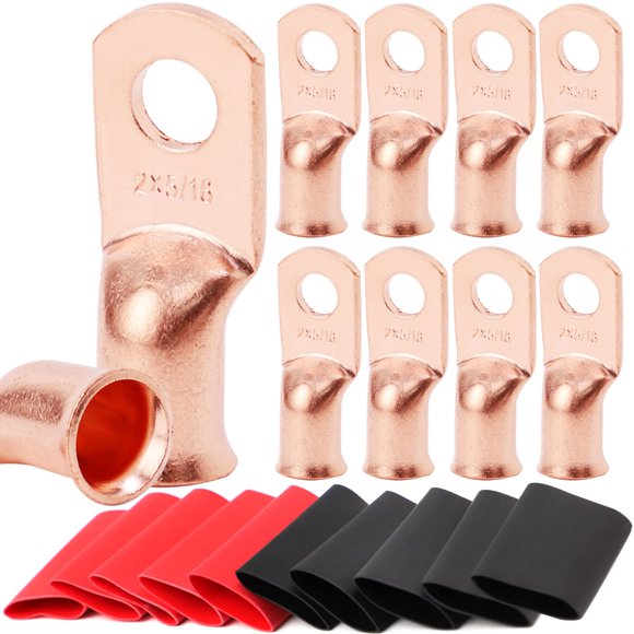 TKDMR 10 Pcs 2 Crampons de Batterie AWG-5/16, Crampons de Fil Robustes, Bornes de Batterie, Embouts de Câble de Batterie, 0 Bornes de Batterie, Connecteurs de Bornes de Batterie avec 10 Pcs Tubes Thermorétractables 3:1