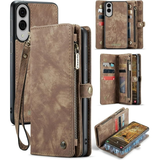 Funda tipo cartera para Samsung Galaxy S25 Edge, con cremallera, tarjetero, correa para la muñeca, funda protectora trasera magnética desmontable a prueba de golpes para Galaxy S25 Edge.