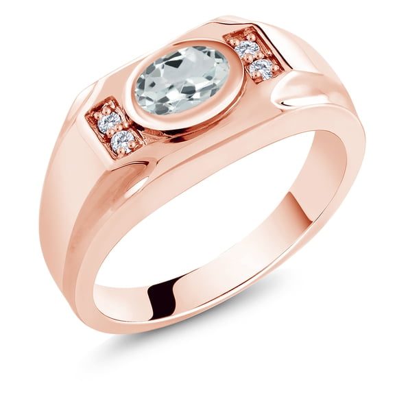 Gem Stone King Men's 18K Rose Gold Plated Silver Sky Blue Aquamarine and White Moissanite Ring (1.35 Cttw, Gemstone March Birthstone, Oval 8X6MM,, Size 11)