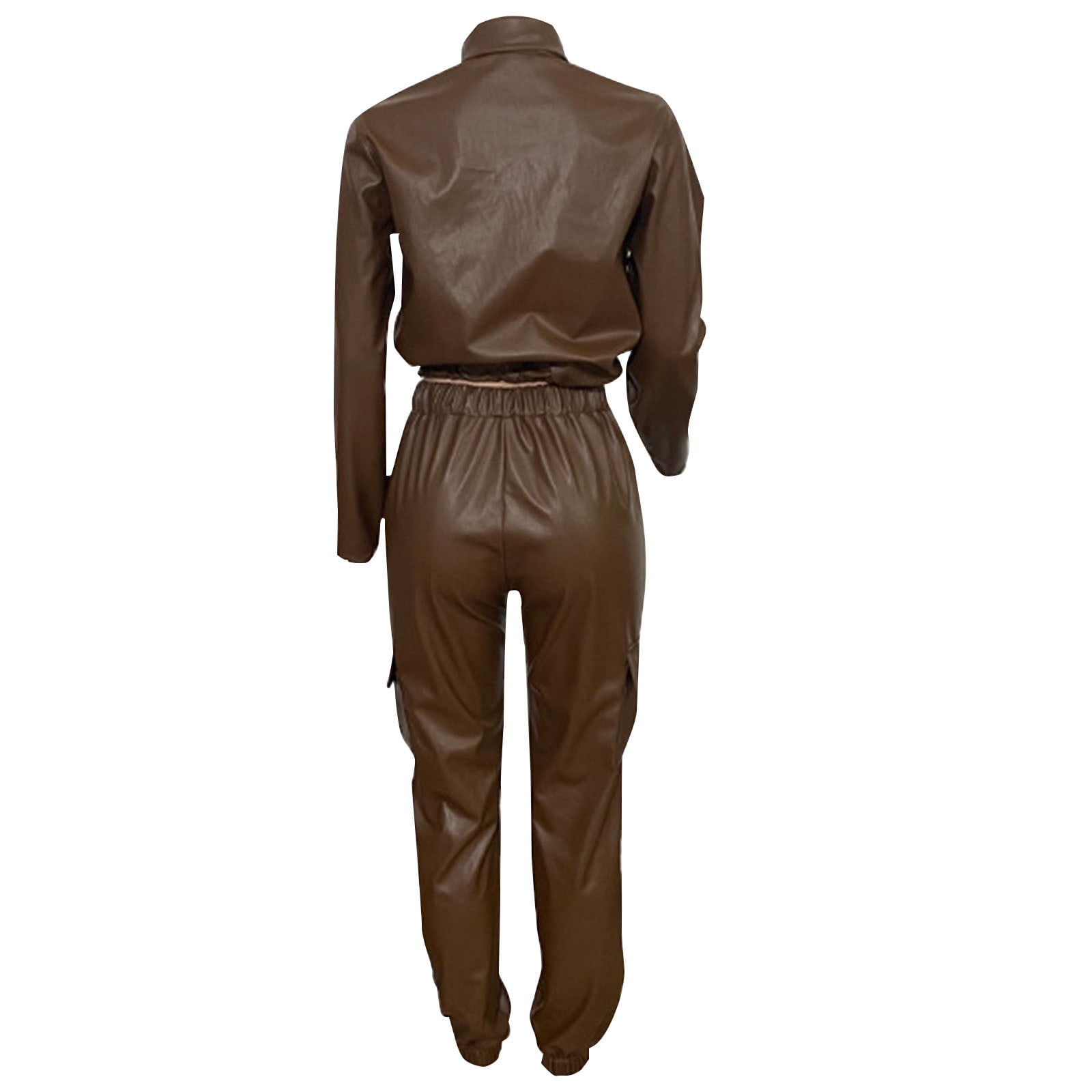 RQYYD Women's Faux Leather 2 Piece Outfits Button Up Pocket Lapel Jacket Top Baggy PU Leather Cargo Pant Set