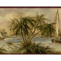 879596 Palm Trees Sailboats Wallpaper Border Burgundy HV6001b