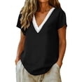thumbnail image 2 of Cotton Linen Shirts for Women Summer Lace Trim V-Neck Tunic Tops Loose Fit Short Sleeve Tops Casual,Black,S, 2 of 8
