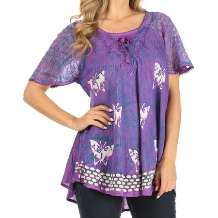 Sakkas Petra Women s Casual Loose Flared Corset Short Sleeve Lace Blouse Top Tunic - 2207-Purple - Plus Size