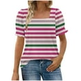 thumbnail image 5 of Scyoekwg Short Sleeve Shirts for Women Summer Casual Ruffle Trim Sleeve Square Neck T Shirts Loose Striped Blouses (Hot Pink,L), 5 of 7