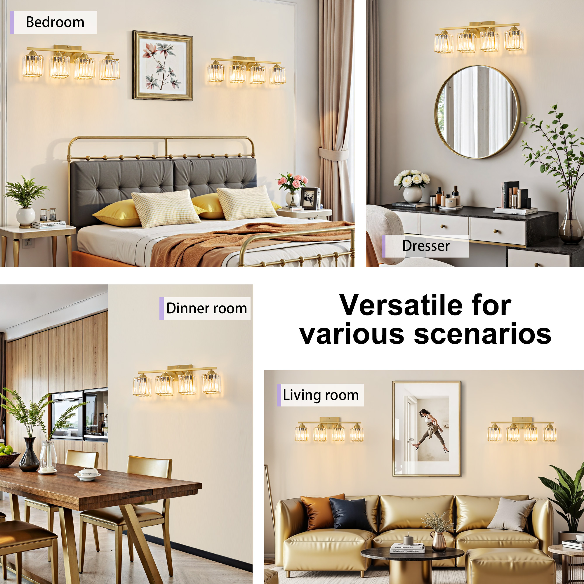 Deyidn 23.23" Modern Gold Vanity Light, 4-Light Dimmable Bathroom Light Fixture with Square Crystal Shades, for Mirror Lighting, Bathroom Wall Sconce