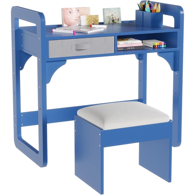 Wooden Study Desk and Chair Set with Spacious Cloth Drawers and Built-in Pen Holder for Organized Learning and Writing,Blue