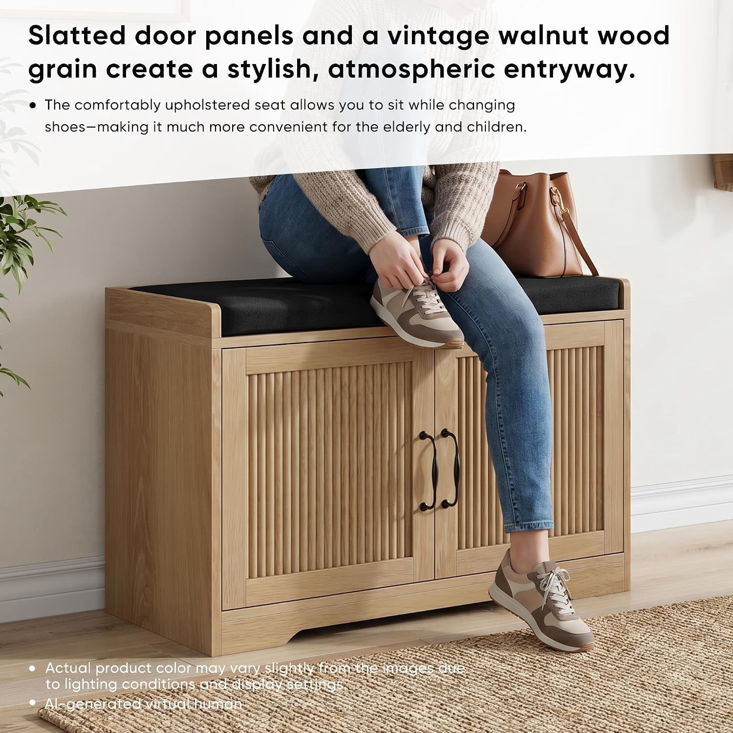 31.5" Entryway Shoe Storage Bench with Cushion Seat, Double Doors, Oak