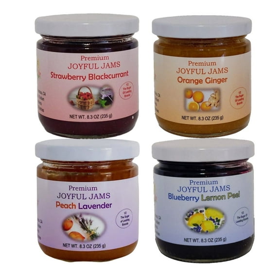 Gourmet - Fruitful Fair Premium Joyful Jams - Strawberry BlackCurrant, Blueberry Lemon, Orange Ginger, Peach Lavender Jam - 8.3 oz, 4 Jars (1 Jar of each flavor)