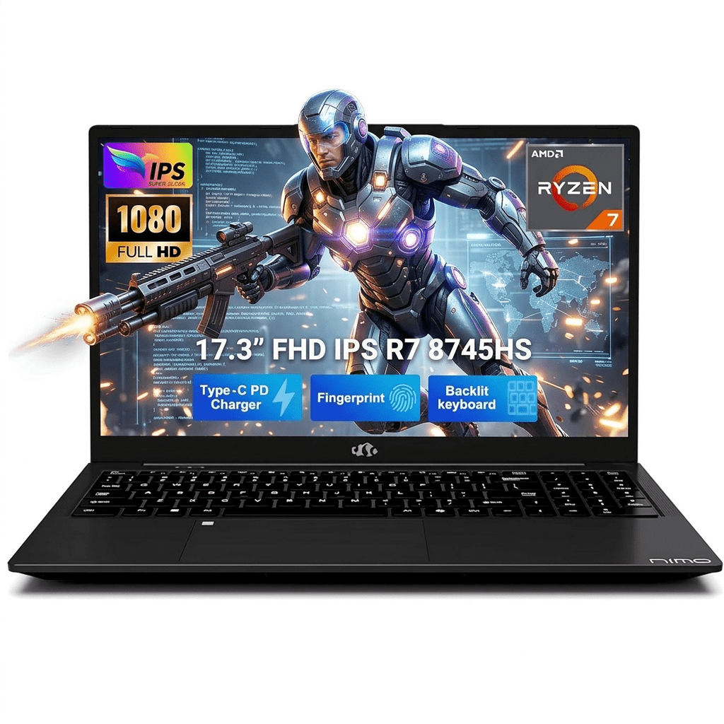 17.3" IPS FHD Gaming Laptop 64GB DDR5 RAM 2TB SSD AMD Ryzen 7 8745HS (8 Cores Up to 4.9GHz) with AMD Radeon 780M Graphics 100W Type-C Fast Charging Backlit Keyboard Fingerprint USB 4.0 Black
