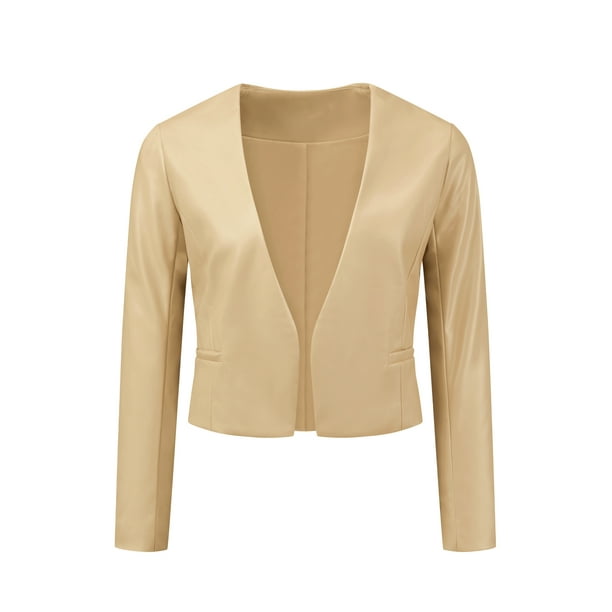 CHAQUETA DE MUJER INSPIRE CHIC, FAUX LEATHER, CORTA, SIN COLLAR, ABIERTO EN FRONTAL, CHAQUETAS DE MOTO BIKER, TALLA XS, DORADO