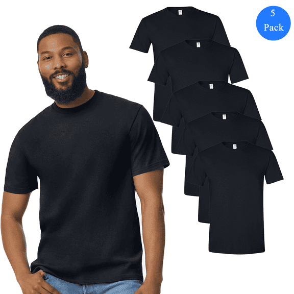 Gildan Softstyle Short Sleeves T-Shirt for Men, Black Pure Cotton Casual Tee, 5 Pack, S