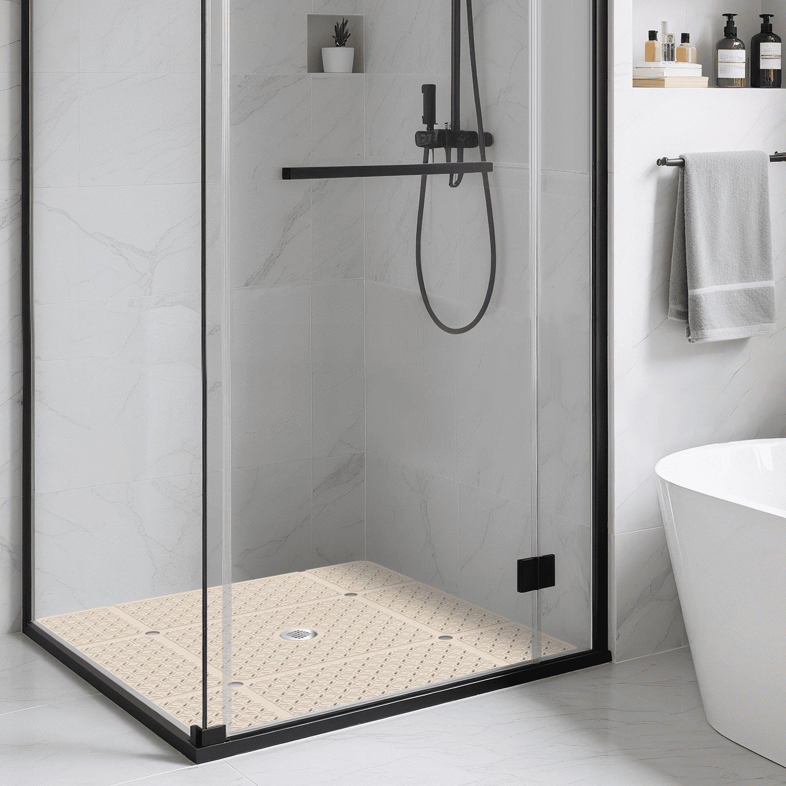 Yolife 27" x 27" Square Shower Mat, Non-Slip TPE Bath Mat with Drain Hole & Suction Cups, Machine Washable Soft Floor Mat for Tub or Stall,Beige