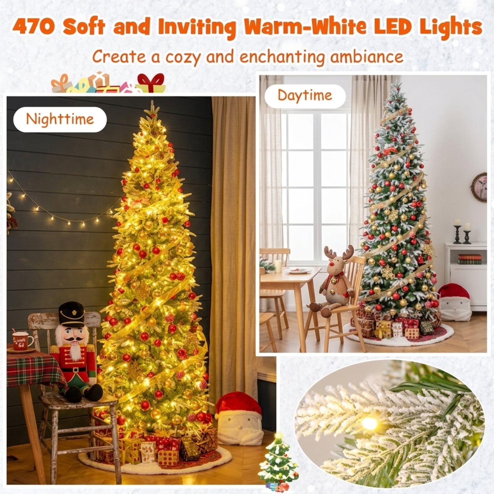 RUIE 9 ft Snow Flocked Christmas Tree, Tall Pre-Lit Green White Xmas Tree with 470 LED Lights, 1310 Branch Tips and 98 Pine Cones
