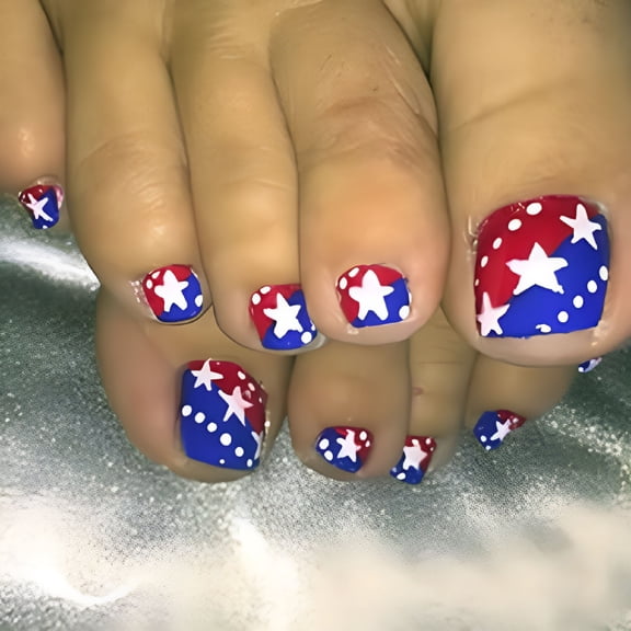 RAGUPEL Press on Toenails with Star Designs, Extra Short Square Fake Toe Nails Red and Blue Glossy False Toenails Reusable Acrylic Nails Stick on Nails for Women and Girls, 24 Pcs