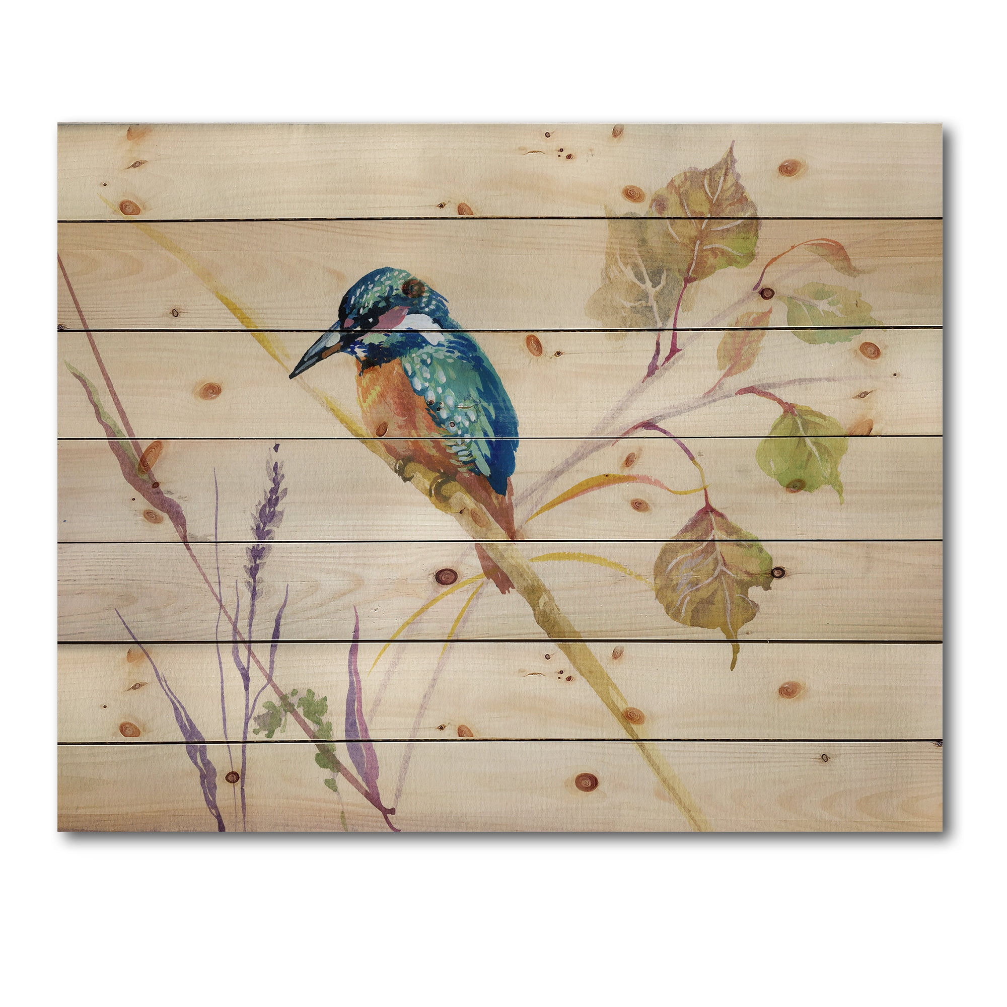 Designart 'Common Kingfisher Bird On Branch' Traditional Print on Natural Pine Wood