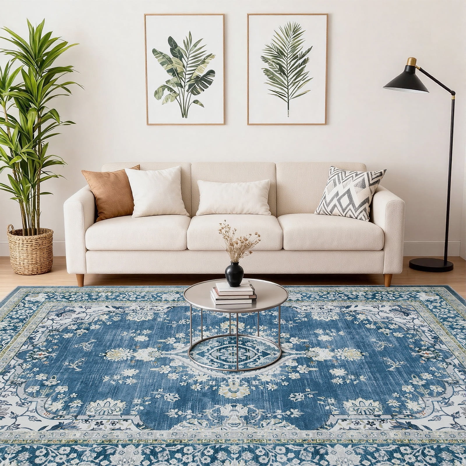 8'x10' Area Rugs for Living Room Washable, Blue Medallion  Vintage Boho Non Slip Rug- Oriental Traditional Farmhouse Carpet for Bedrooms Dining Room, Living Room, Home Office.