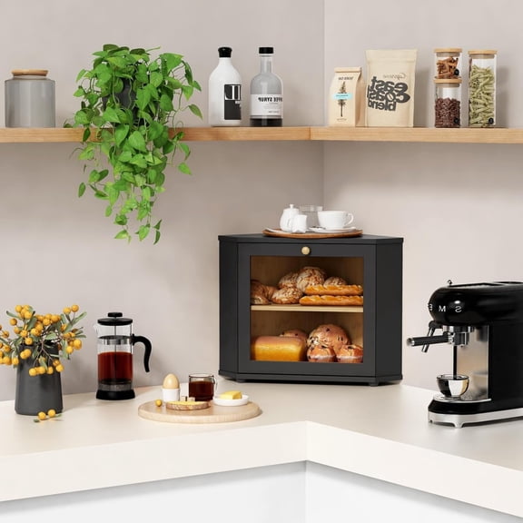 Corner Bread Box for Kitchen Countertop, Black Bread Storage Container for Homemade Bread, Two Layer Breadbox under Cabinet Mount, Large Bread Holder for Kitchen Counter, Pantry Shelf