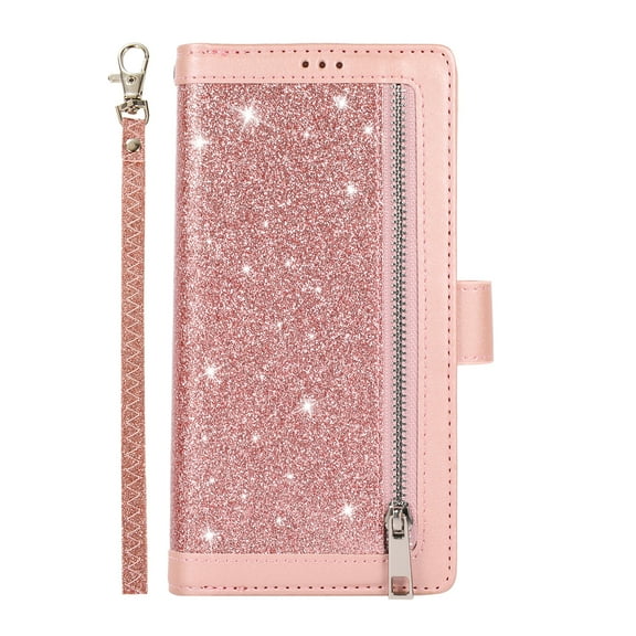 Wallet Case for Samsung Galaxy S21 FE Shining Zipper Pocket Cover, Glitter Sparkle Luxury PU Leather Magnetic Flip Folio Case with Card Slots Kickstand Wrist Hand Strip Shockproof Case,Pink