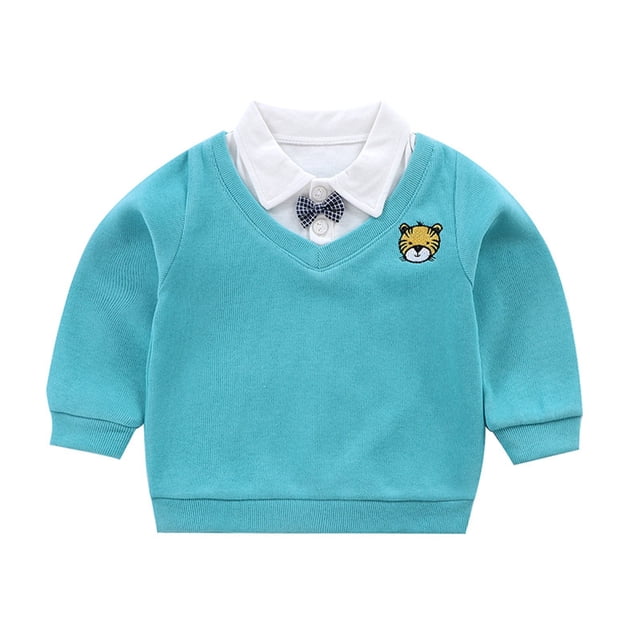 Gibobby Blusas Casual Niños niños pequeños bebés niños manga larga lindo dibujos animados Patchwork Bowknot suéter blusa Tops trajes ropa(Aqua, 2-3 Años)