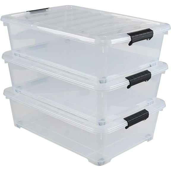 Hespama 25 Quart Clear Plastic Underbed Storage Bin with Wheels, 3 Pack