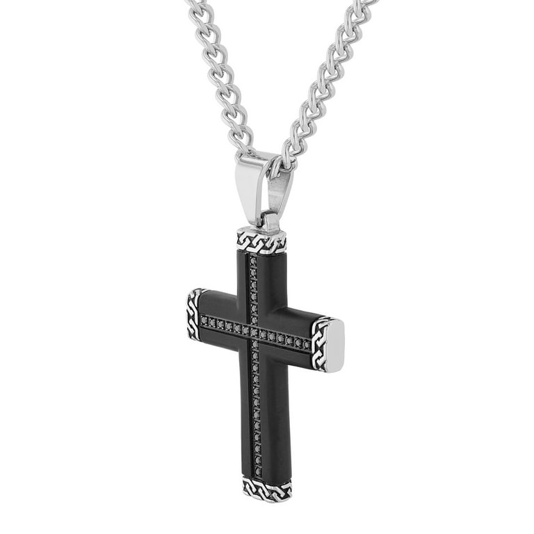 Men’s Black Cross Necklace with Black Diamond Accents | Black Ion-Plated Stainless Steel | Size 24 | Helzberg Diamonds