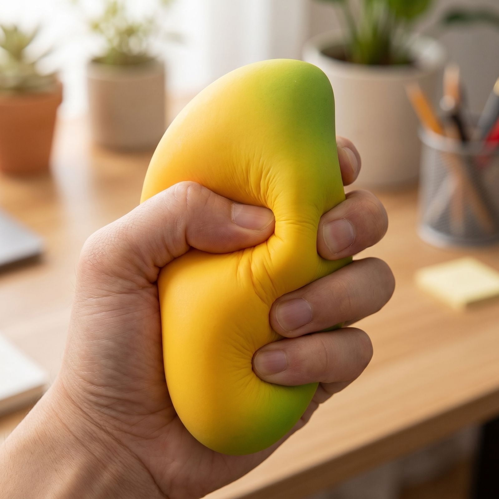 Crunchy Mango Squishy, squeezy squishy soft textured fruit fidget plaything, lightweight hand squeeze accessory for adults daily office mood calming