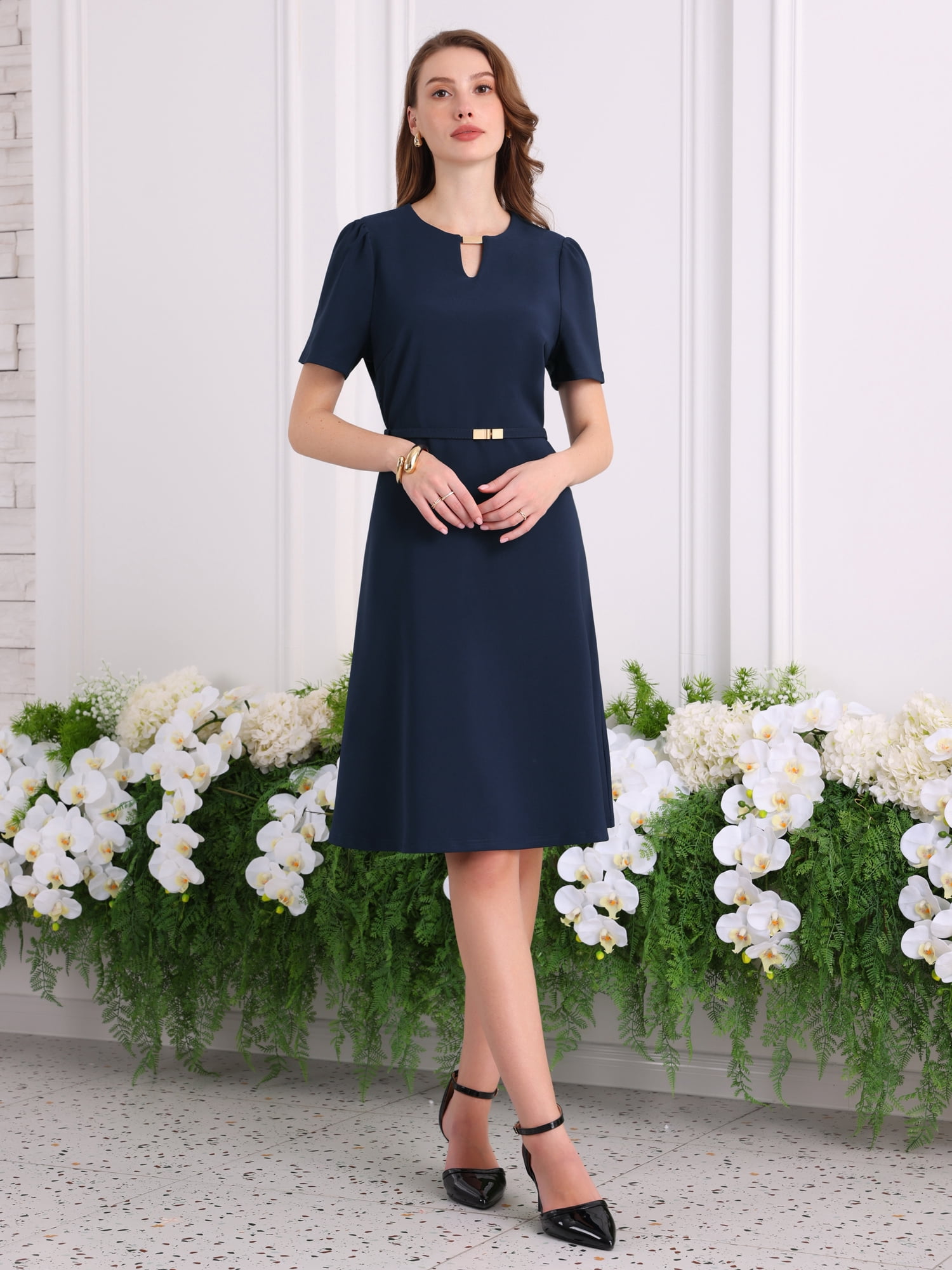 DARING DIVA Women's Choker V Neck Short Sleeve Belted Elegant Dress M Navy Blue
