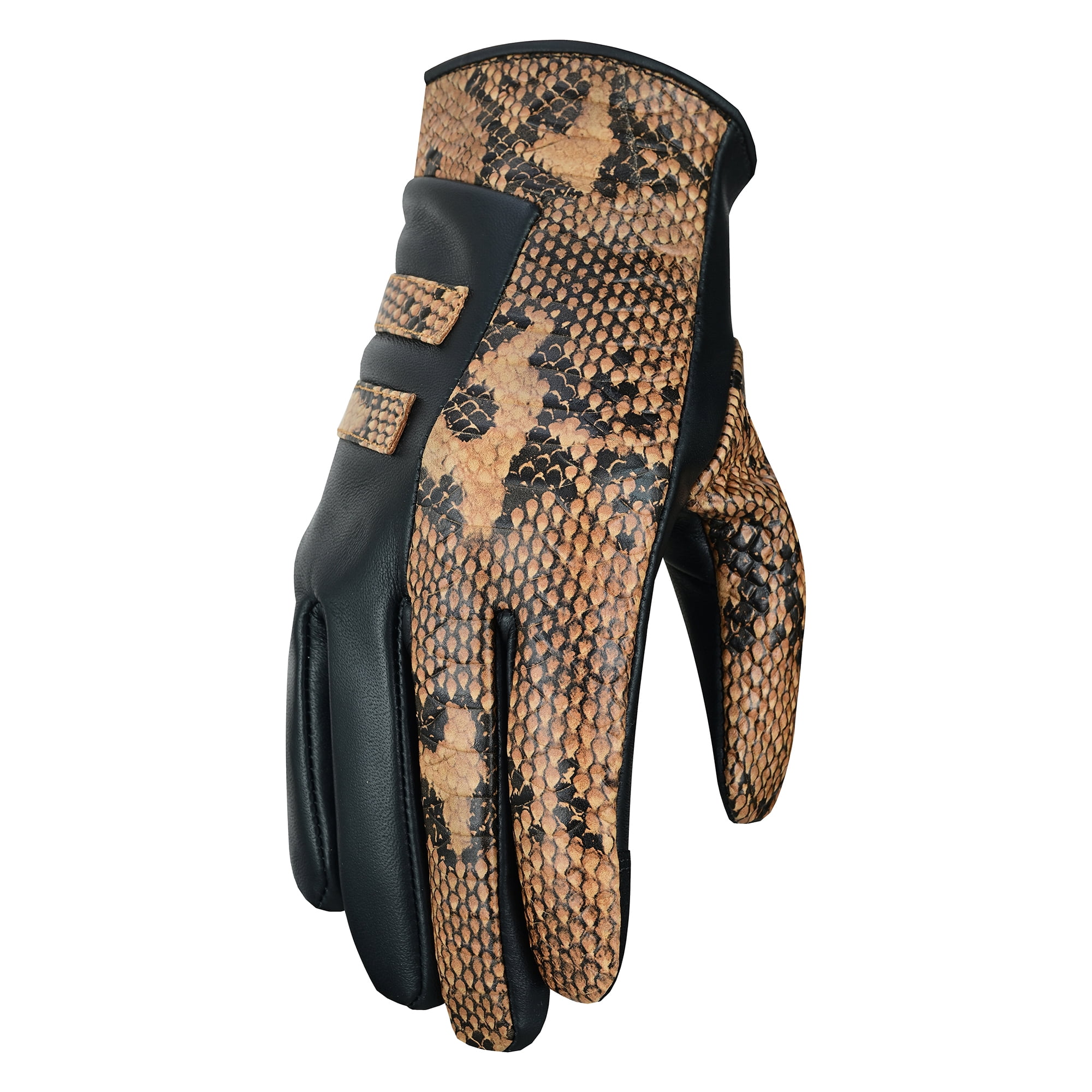 Women Ladies Python Snake Embossed Leather Dress Gloves Full Finger Motorcycle Biker Riding Gloves Brown-S