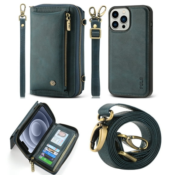 Allytech Crossbody Strap Wrist Design Case for iPhone 14 6.1" 2022, Retro Leather Zipper Purse Card Holders Flip Folio Case Detachable Magentc Shell [PC Backplane + TPU Frame] SHockproof Case,  Blue