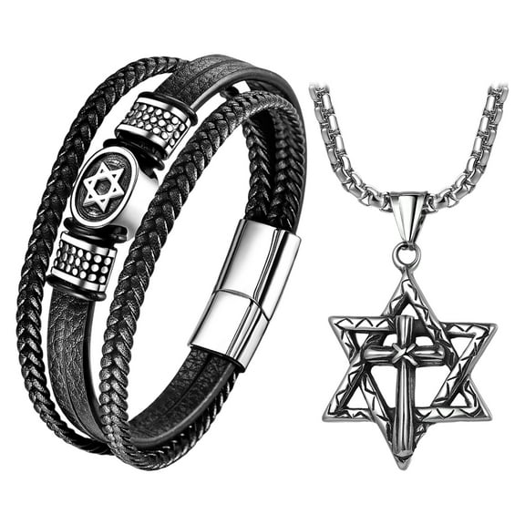 Avaner Star of David Necklace Bracelet Set: Stainless Steel Cross Hexagon Pendant Necklace Multilayer Braided Leather Bracelet Jewish Isael Jewelry Gifts for Men Women