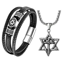 Avaner Star of David Necklace Bracelet Set: Stainless Steel Cross Hexagon Pendant Necklace Multilayer Braided Leather Bracelet Jewish Isael Jewelry Gifts for Men Women