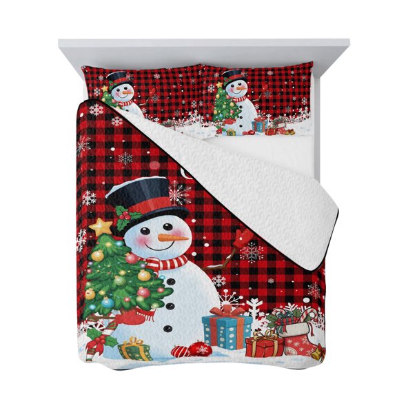 Twin Quilt Bedding Set, Christmas Tree Bell Balls Soft Microfiber Summer Bedspread Coverlet with 2 Pillow Shams for All Season, Red Black Plaid Snowflakes Breathable Bedding Set for Hot Sleepers