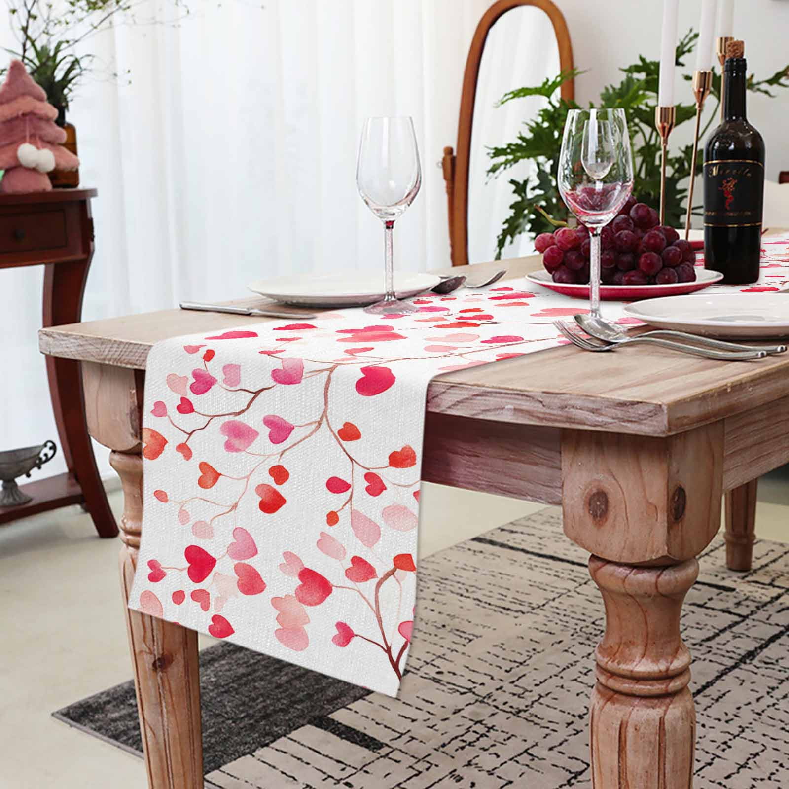 Valentine's Day Table Runner, Romantic Watercolor Red Gradient Love Heart Tree Washable Cotton-linen Table Runners Dining Kitchen Decoration for Everyday Home Wedding Party Decor, 13 x 108 Inch