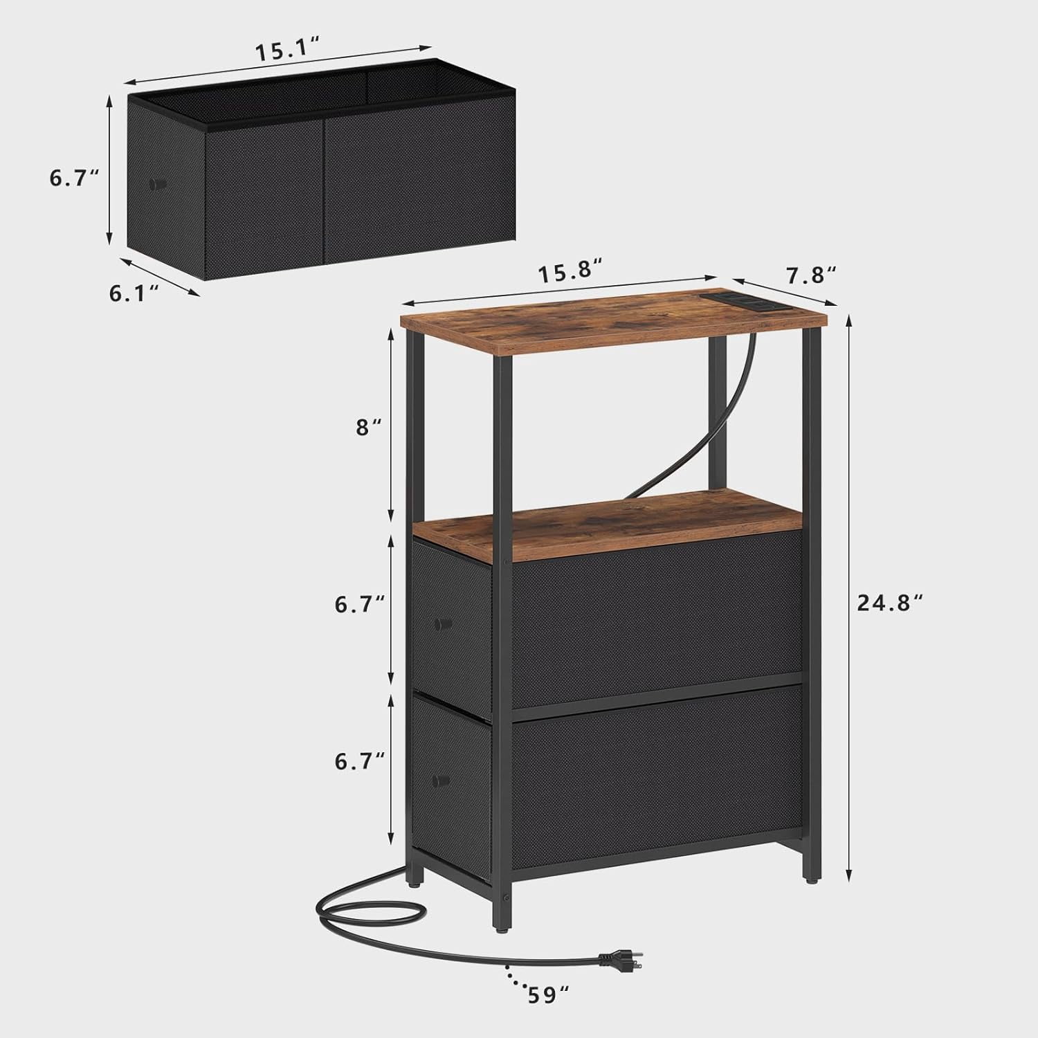Small Narrow End Table with Charging Station, Set of 2, Side Table with Outlets, Nightstand with 2 Cloth Drawers, Couch Table, for Living Room, Bedroom, Bedside, Brown and Black