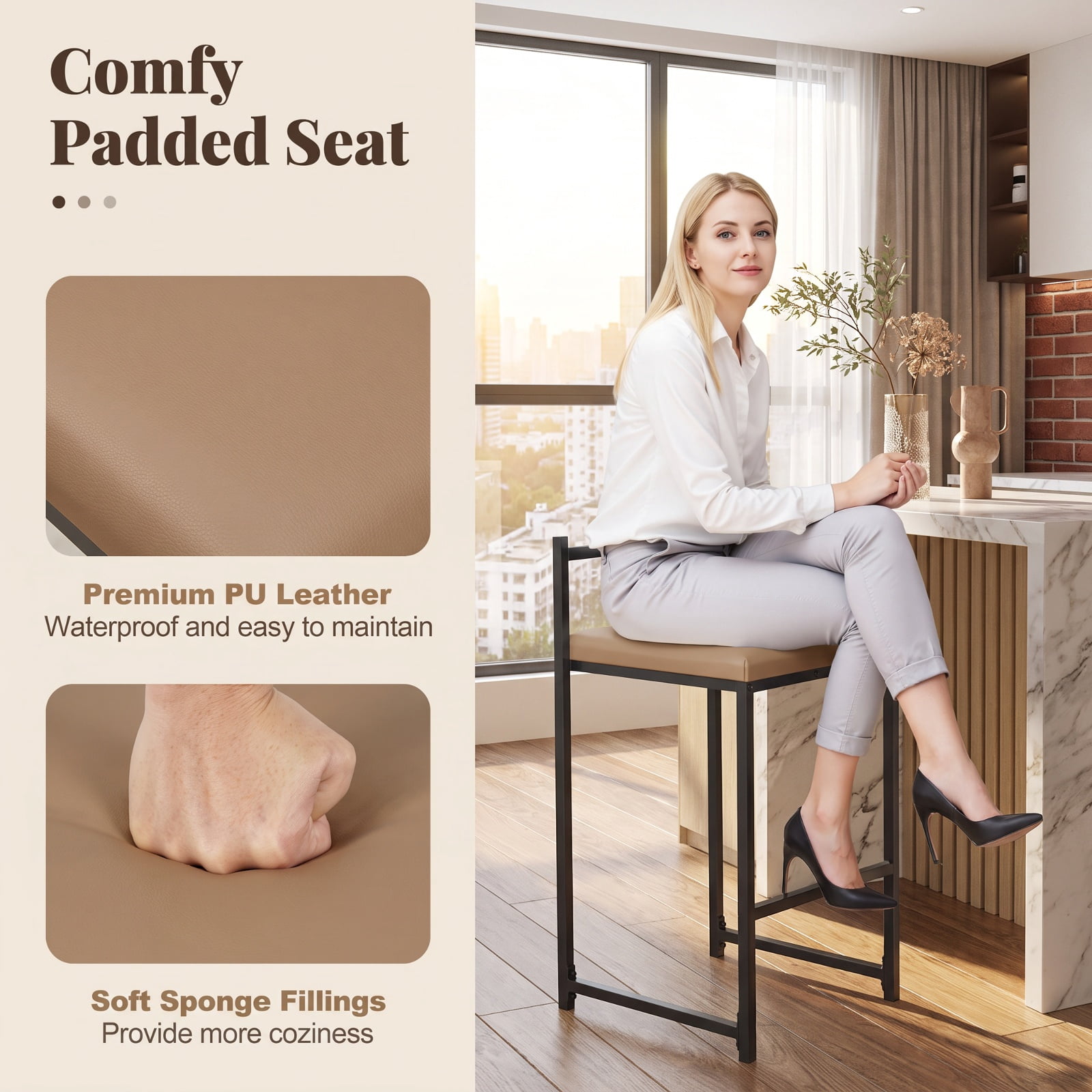 Furnibear Set of 2 Stackable Counter Height Bar Stools PU Leather Upholstered with Footrest for Kitchen Island Counter Bar Pub Dining Home, Black