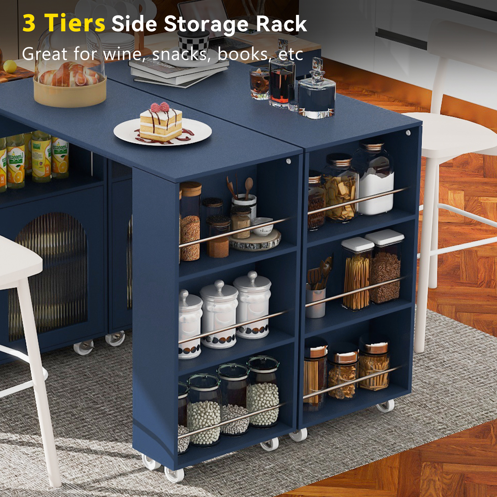 White Kitchen Island with Movable Dining Table, LED Lights, Power Outlets, 2 Ribbed Glass Doors, Storage Compartments & 3 Open Side Shelves, Modern Kitchen Island with Storage for Dining Room