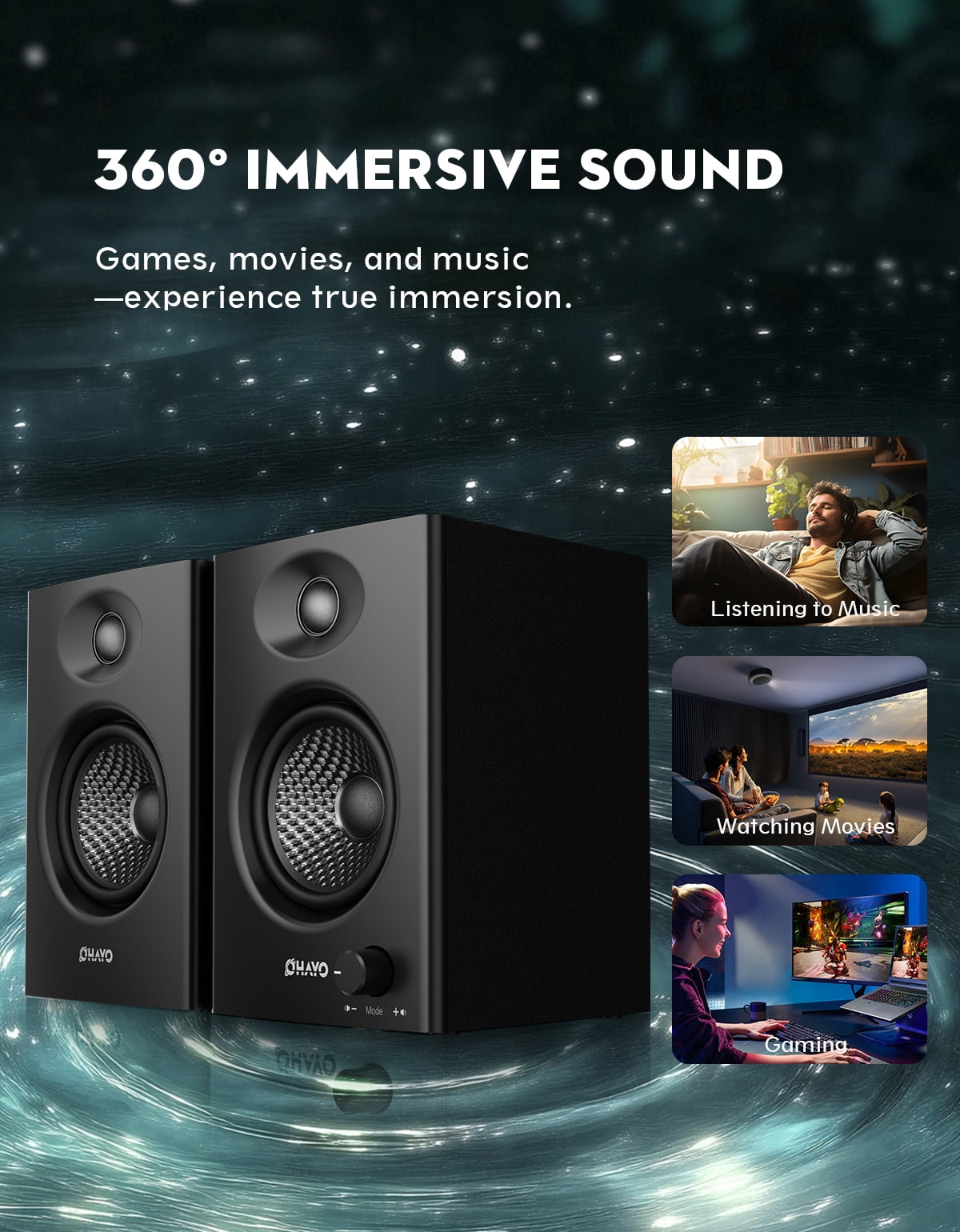 Solorage 60W Computer Speakers, Bluetooth 5.3 Gaming Music Stereo 2.0 Speakers, Surround Sound, 3.5mm Aux RCA, USB Powered, Black, 1 Pair
