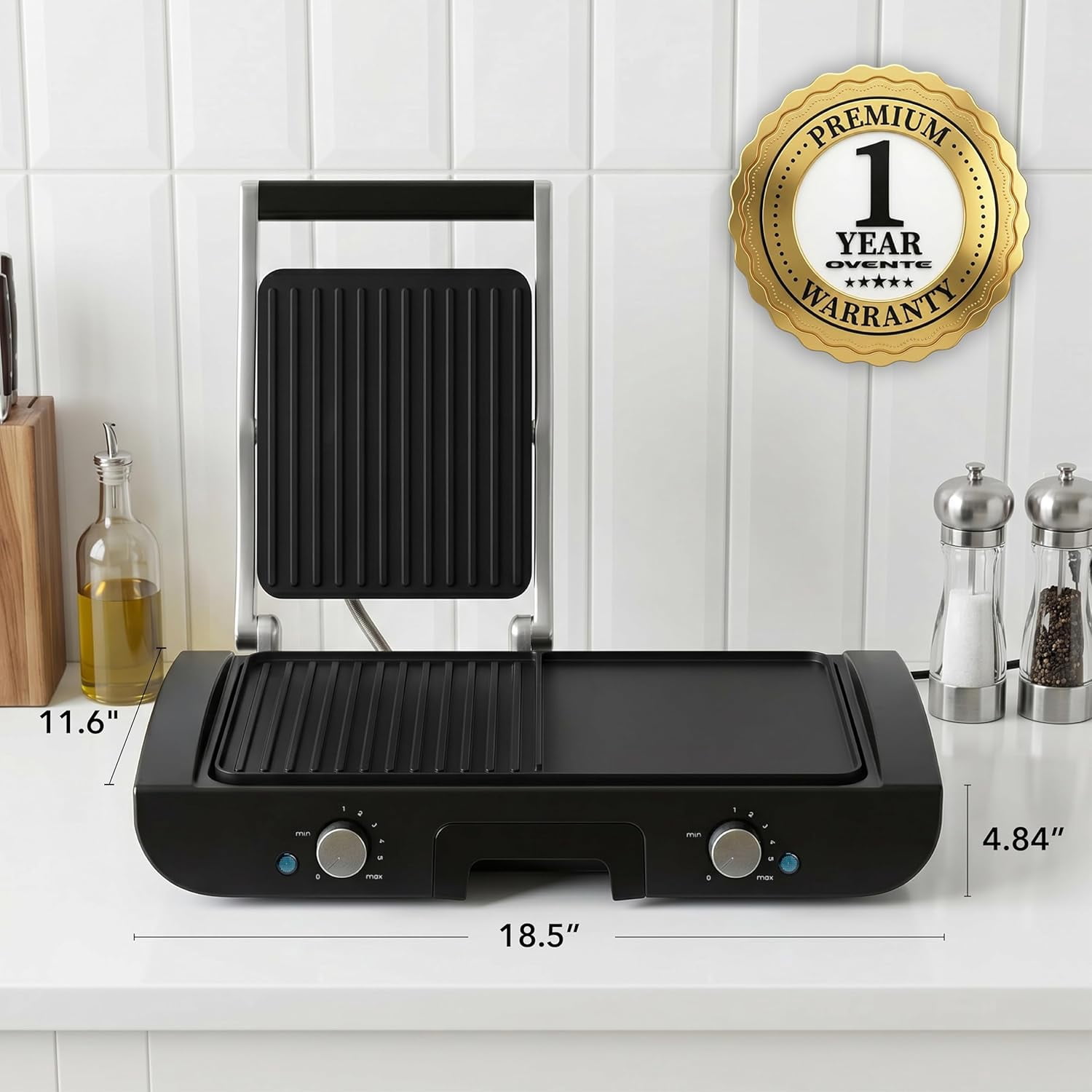 OVENTE Electric 2 in 1 Indoor Grill + Griddle Combo, 1500W, Black GDG222B | Dual Independent Cooking Zones, Adjustable Temperature with Separate Knobs, Nonstick Plates and Removable Drip Tray