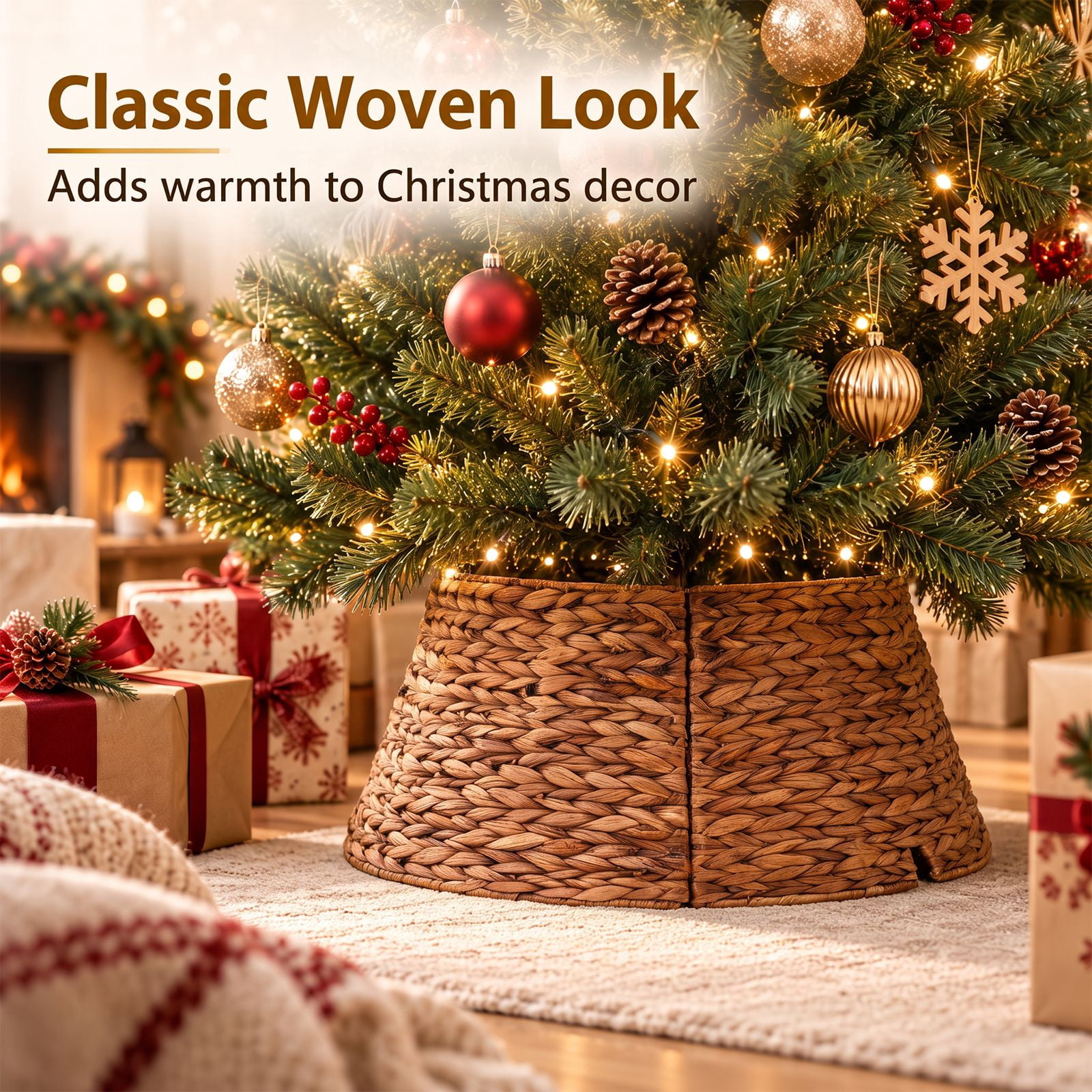 Alvantor Christmas Tree Collar, Woven Rattan Stand Cover with Cord Port, Brown 24IN